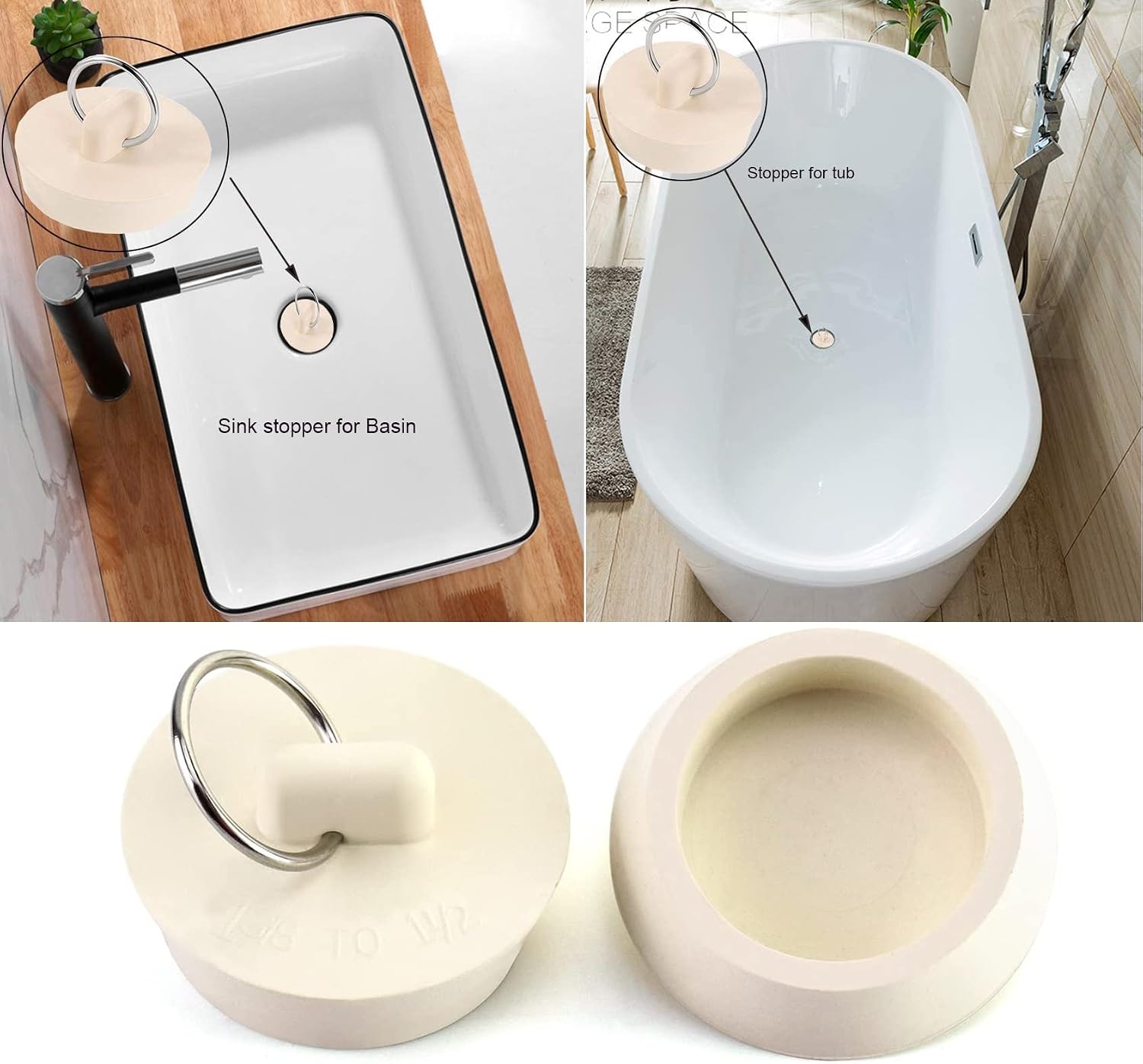 4 Sizes White Drain Stopper, Rubber Sink Stopper Plug with Hanging Ring for Bathtub Kitchen and Bathroom