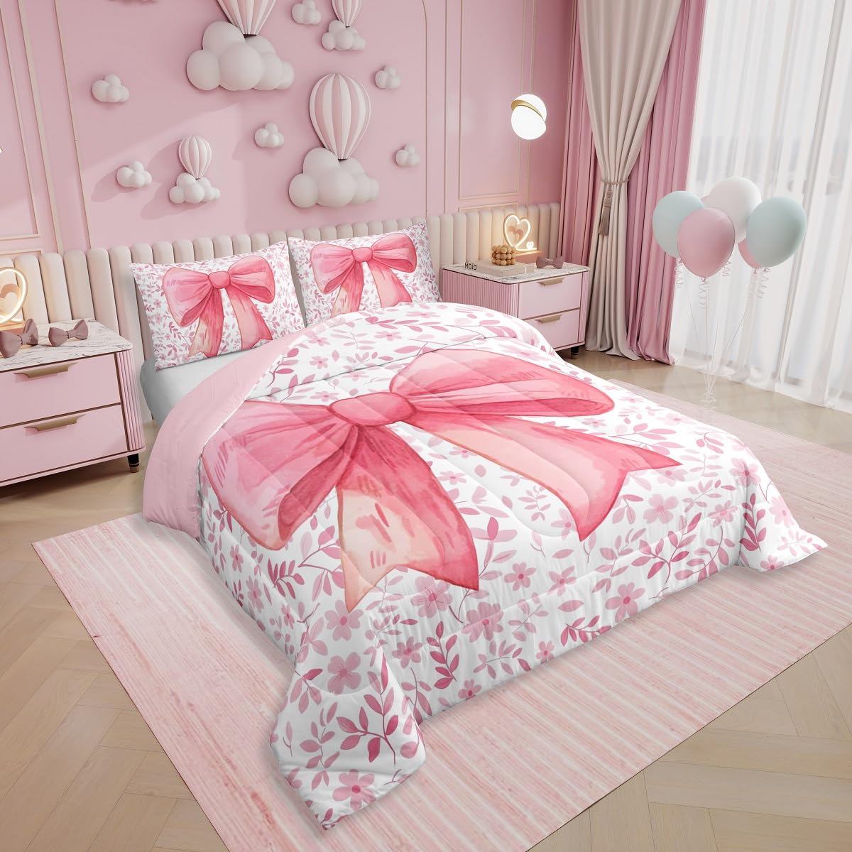 Erosebridal Cute Princess Girls Bedding Comforter Sets Kawaii Bowknot Bedding Set Twin for Kids Teen Women,Fantasy Pink White Flower Plant Comforter Set Watercolor Bow Duvet Insert 2 Pcs