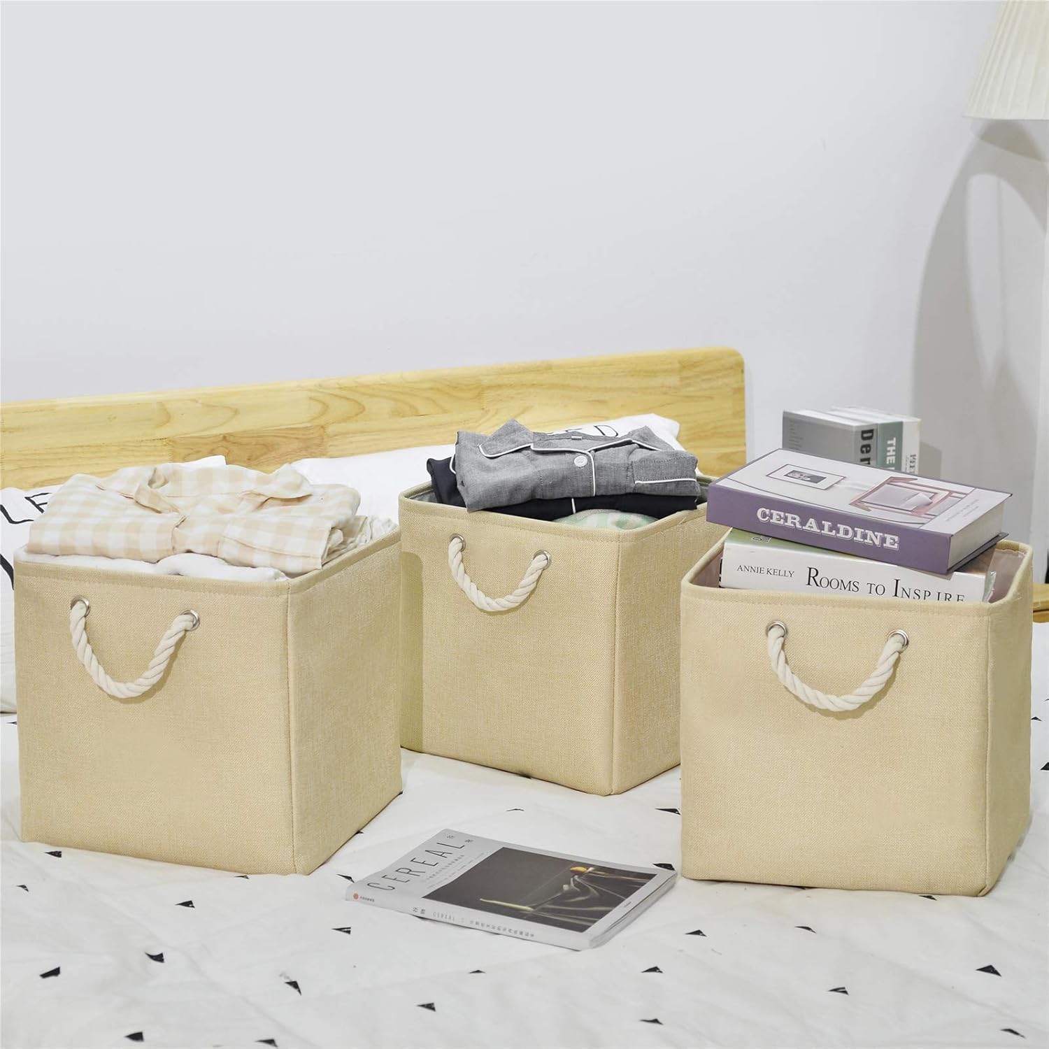 Large Foldable Storage Bin 13" X 13" Storage Baske Organizer Basket Shelf Cube with Sturdy Cotton Carry Handles for Baby Nursery Closet Shelves Organization (Beige, Set of 3)