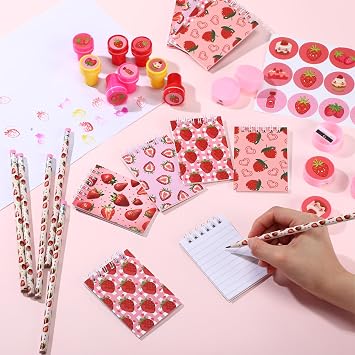 Sayglossy 171 Pcs 12 Guests Strawberry Party Favors Includes Gift Bags Pencil Notebook Sharpener Bracelet Rings Keychain Puffy Stickers Stamper for Baby Shower Birthday Party Filler Reward