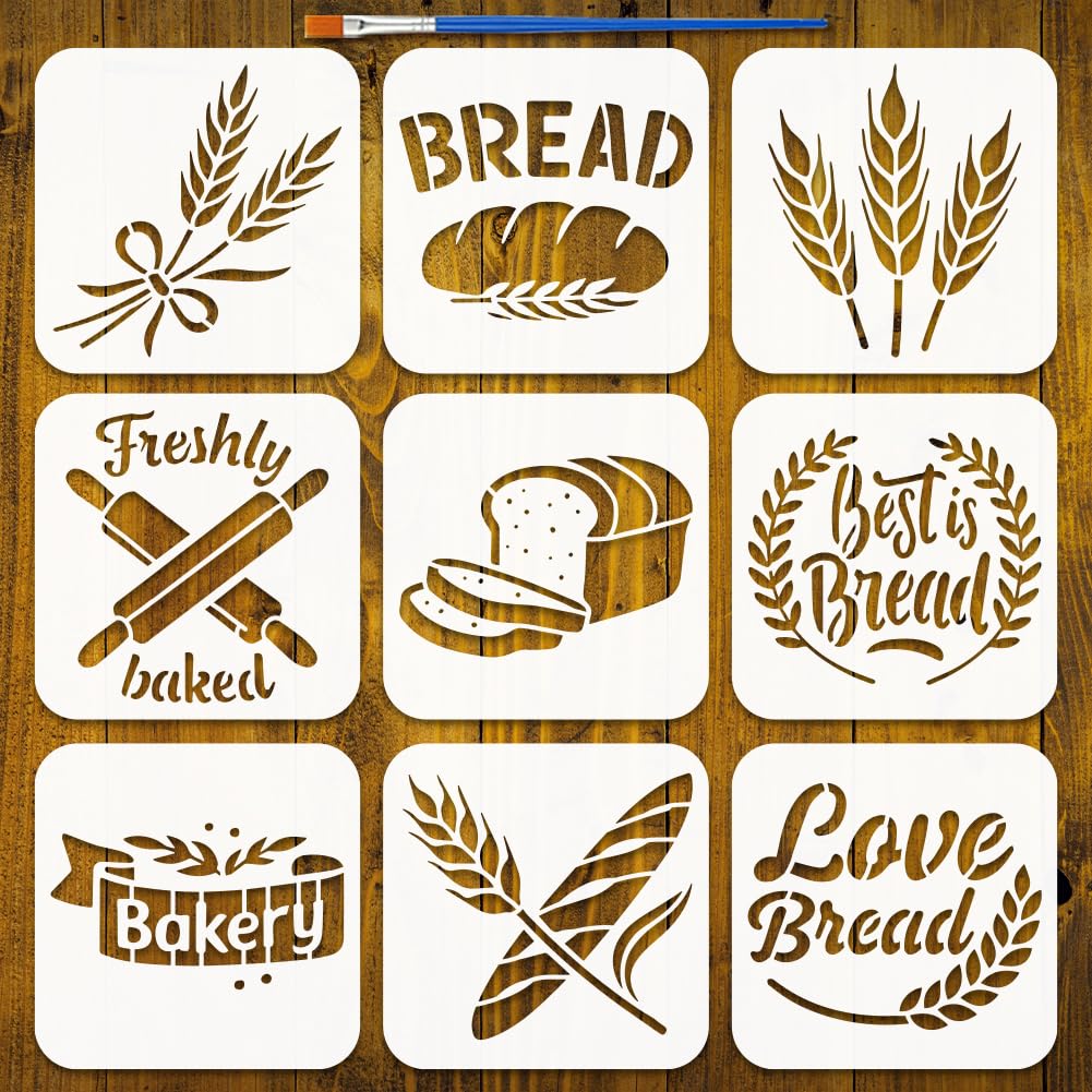 FINGERINSPIRE 9PCS Bread Pattern Painting Stencil with Paint Brush 15x15cm Decorative Wheat Words Pattern Drawing Template Plastic PET Bakery Bread Stencil Daily Theme Template for DIY Crafts