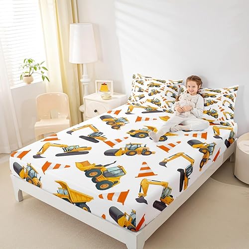 Miniatura 4 de Sábana bajera ajustable para niños de excavadora tamaño completo, vehículo de ingeniería de dibujos animados camión tractor ropa de cama bolsillo
