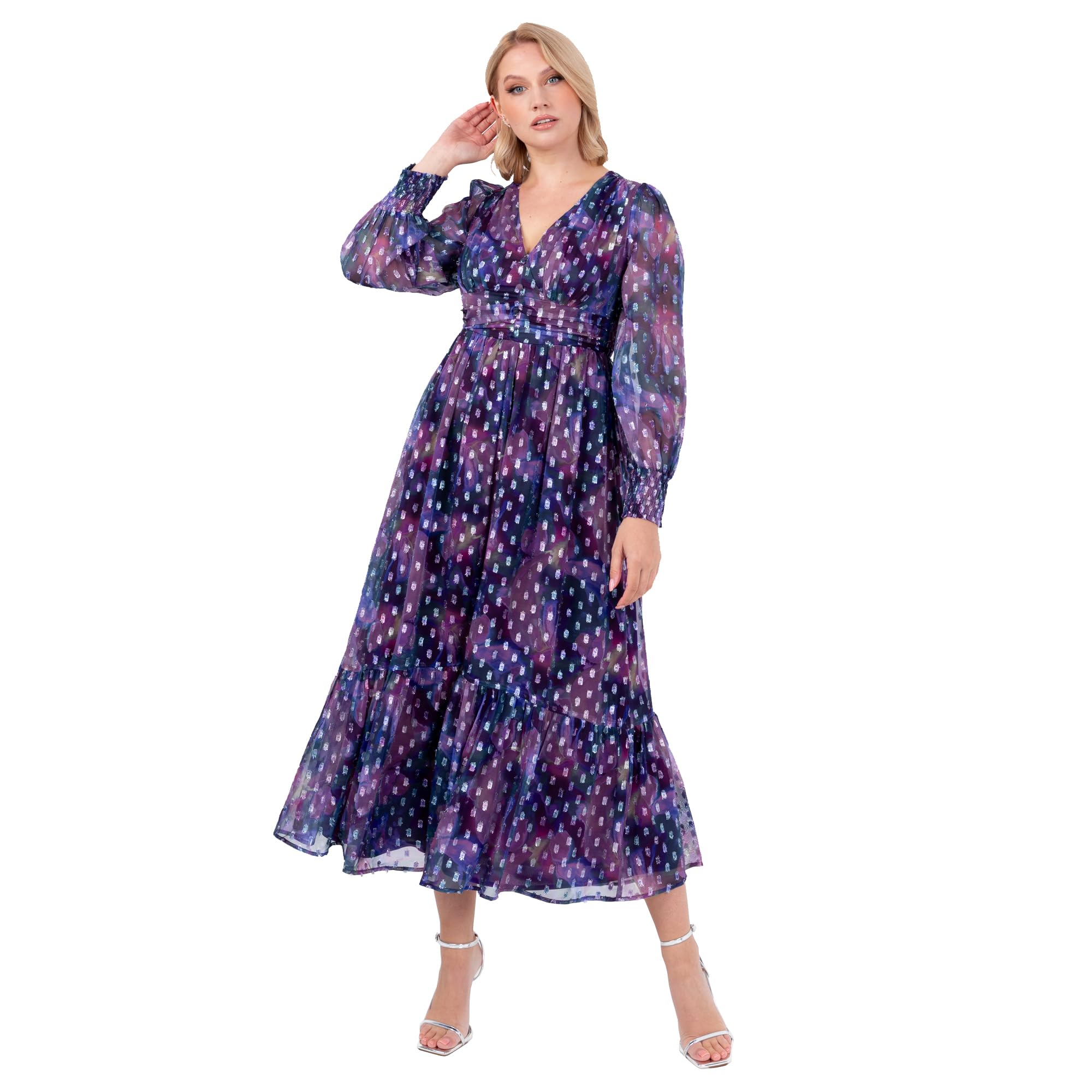 Lovedrobe Women's Midaxi Dress Ladies V-Neck Long Sleeve Tiered Hemline Empire A-line Chiffon Faux Buttons Evening Occasion Purple 54, Purple, 28