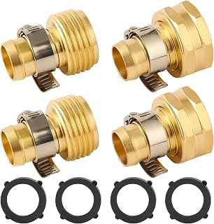 Brass Garden Hose Repair Connector with Clamps Hose End Repair Kit,Fit for 5/8"Garden Hose Fitting,Male and Female Hose Fittings,2-Set