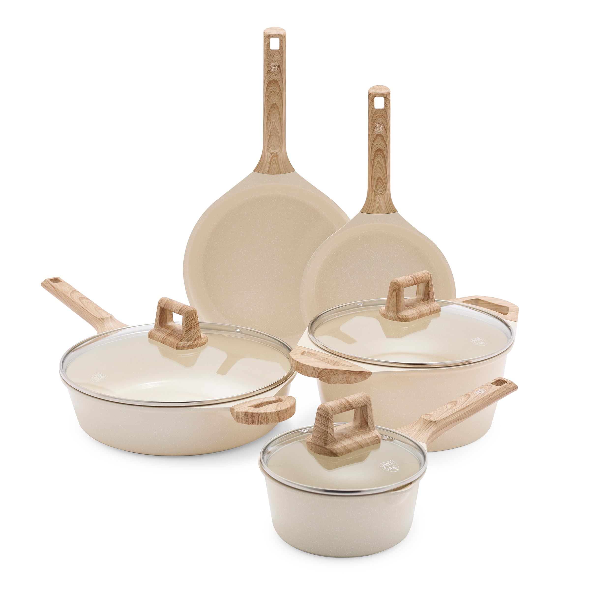 GreenChef Arte - Set di 8 pentole rivestite in ceramica, con manico in legno, colore: bianco crema