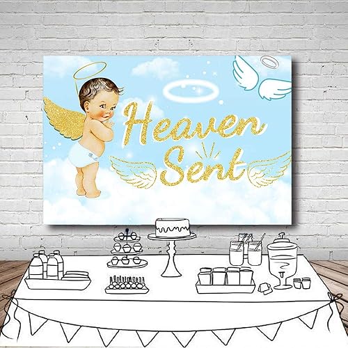 Miniatura 5 de Bonito telón de fondo para fiesta de baby shower, de 7 x 5 pies, cielo azul claro, nube blanca, ángel dorado, decoración de alas doradas, regalo de