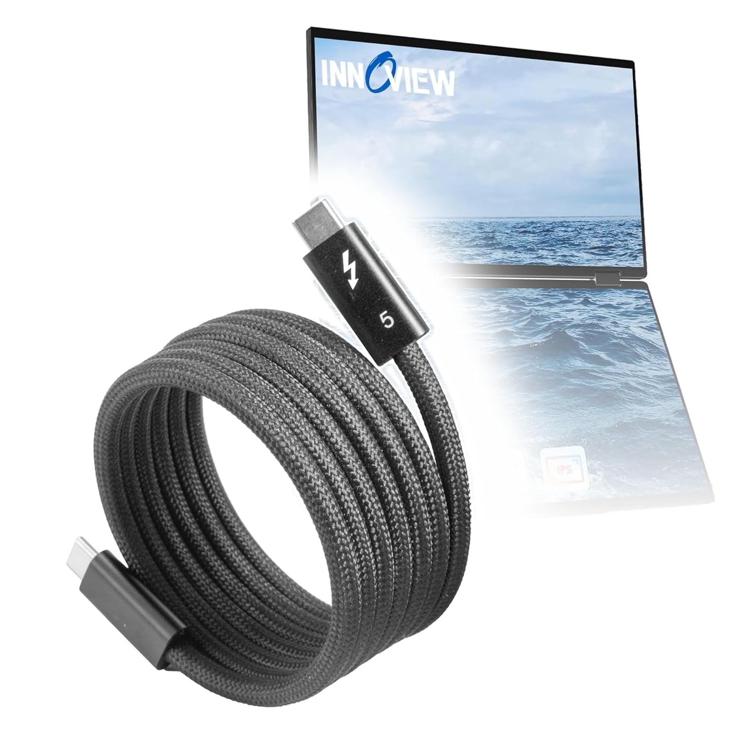 BoxWave Cable Compatible with InnoView INVPM009 Dual Portable Monitor (15.6 in) - SnapWrap Thunderbolt 5.0 Cable (5ft 240W), Magnetic Self-Coiling Nylon Braided Retractable - Jet Black