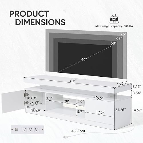 Miniatura 2 de Verano Garden Soporte de TV LED de 63 pulgadas para TV de 75 pulgadas, centro de entretenimiento de alto brillo con toma de corriente y luz, consola