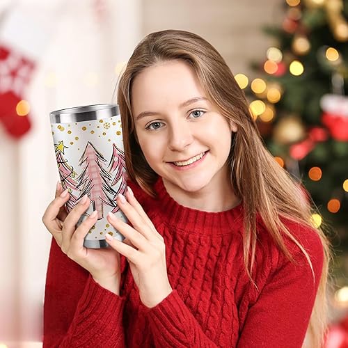 Miniatura 5 de Vaso de árbol de Navidad con tapa y pajilla, taza de café de viaje de acero inoxidable con diseño de copos de nieve de búfalo de Navidad rosa,