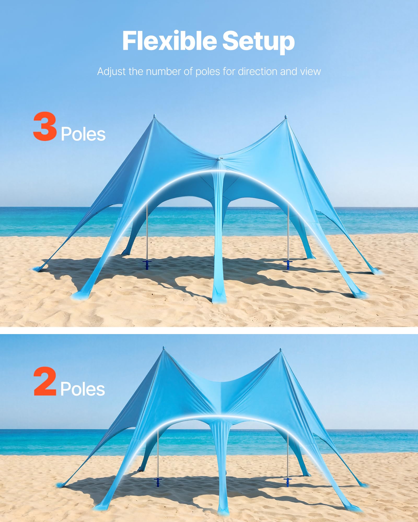 VEVOR UPF50+ ochrona przed słońcem, namiot plażowy, 2,8 m wysokości, 6 x 4 m, łatwy wysuwany baldachim plażowy z workami z piaskiem, drążki stabilne, łopatki piaskowe, przenośny, na rodzinne wycieczki