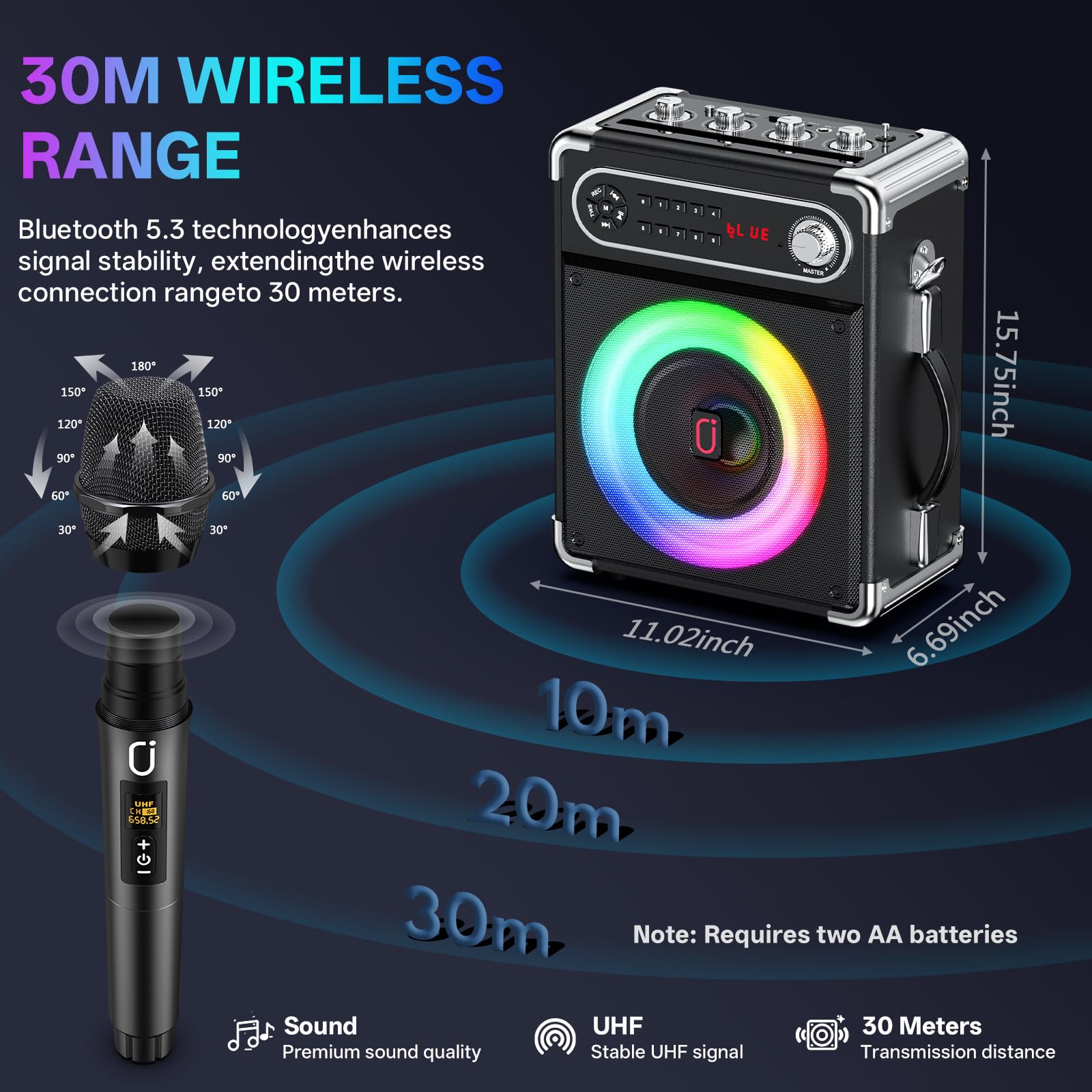 JYX 200W Karaoke Machine with 2 Wireless Microphones, Bass/Treble Control — Amazon image 8