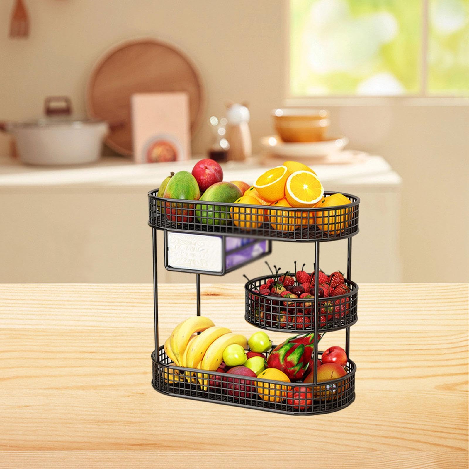 Obst Etagere 3 Etagen Obstkorb für Küchenarbeitsplatte, Metall Obstschale Etagere Brotkorb mit 3 Ebenen, Obstständer Halter Obstregal mit Servierplatte für Buffets, Snacks, Gemüse, Stil h