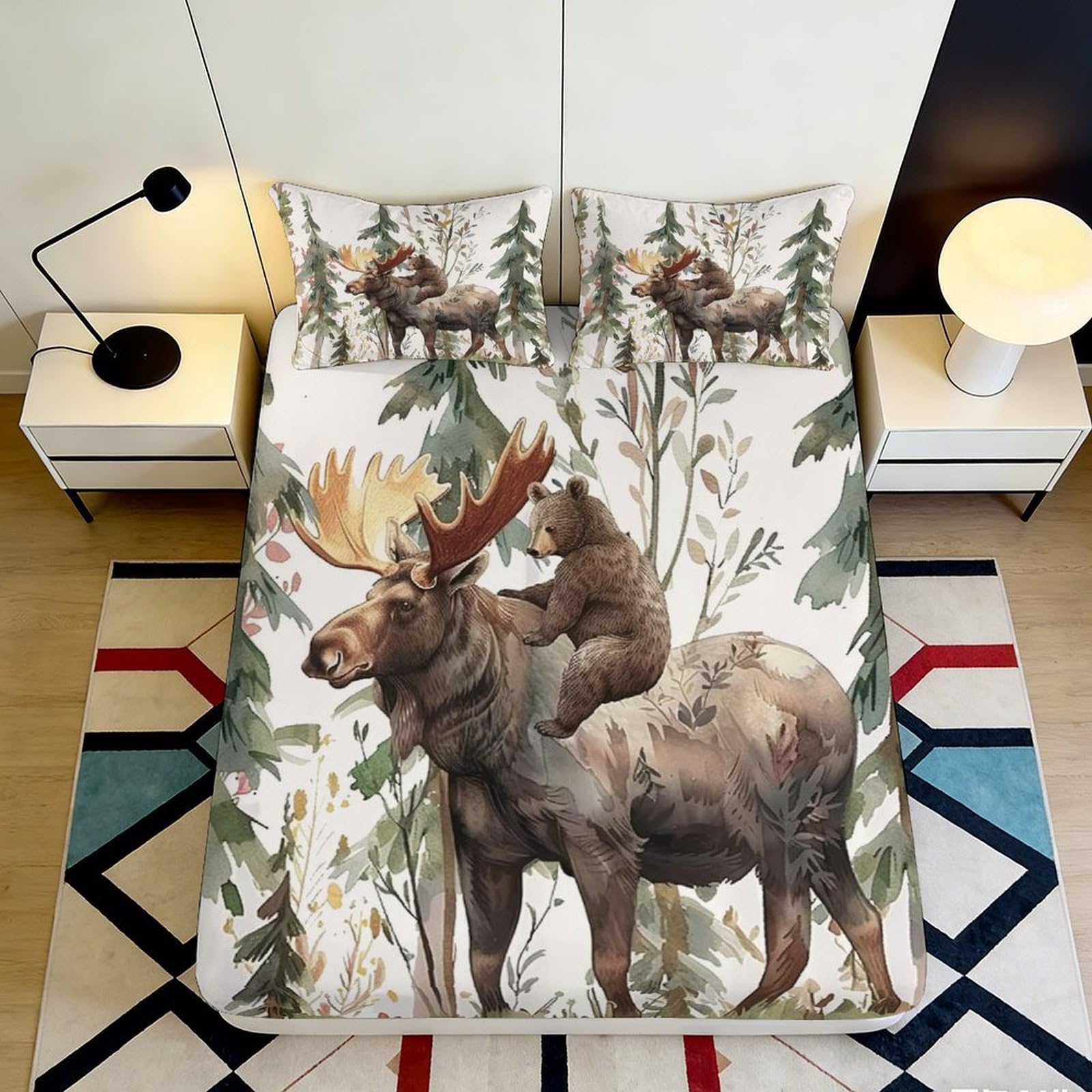 Jqzkxnhpbr Style-8 3D Printed Moose Forest Fitted Sheet Microfiber Soft Breathable Bear Woods Mattress Cover For Bedroom Decor 90X200x25cm