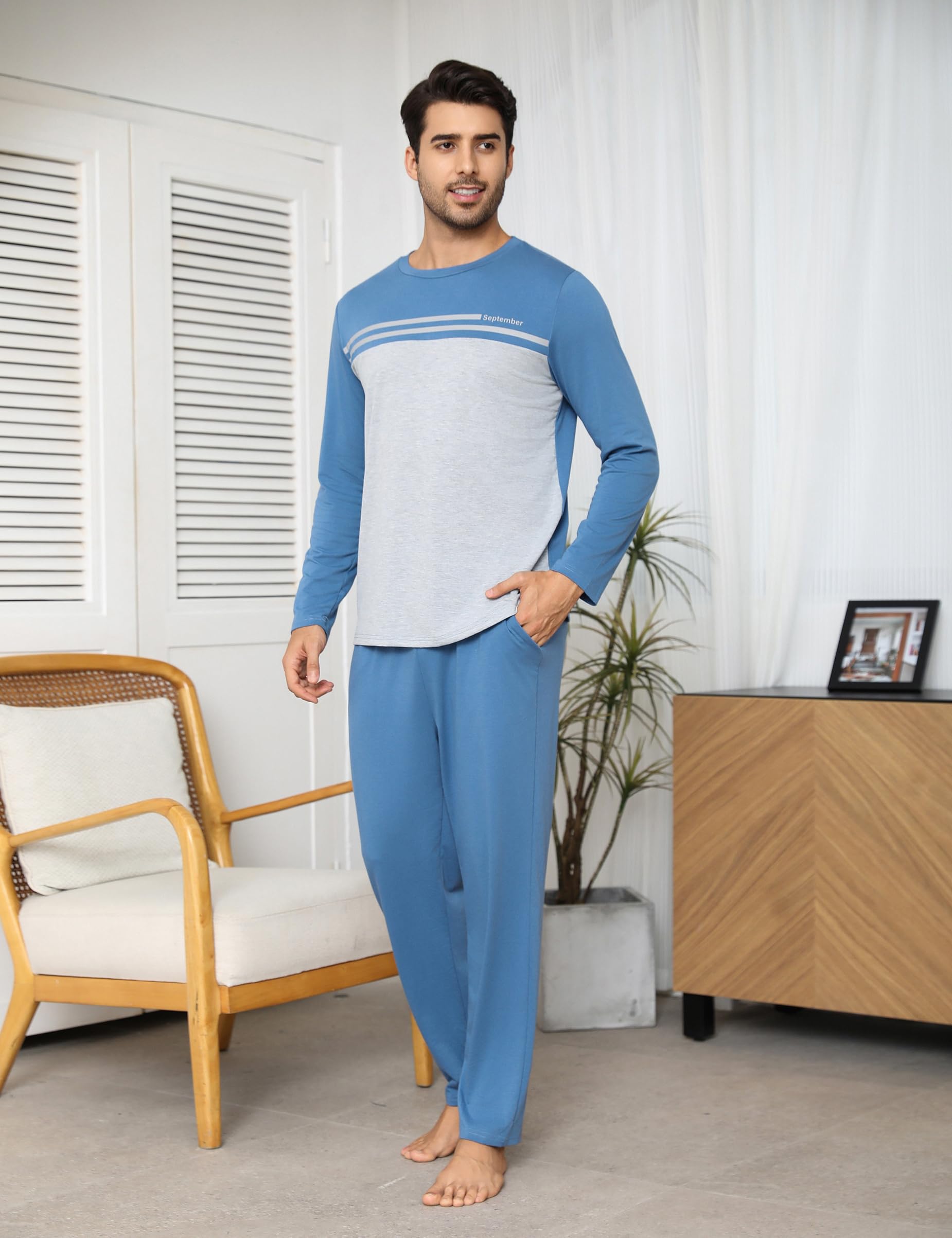 Pijamas Hombre Invierno Conjuntos de Algodón Pijama Cálidos Manga Larga Ropa de Dormir Cuello Redondo Ropa de Salón Dos Piezas