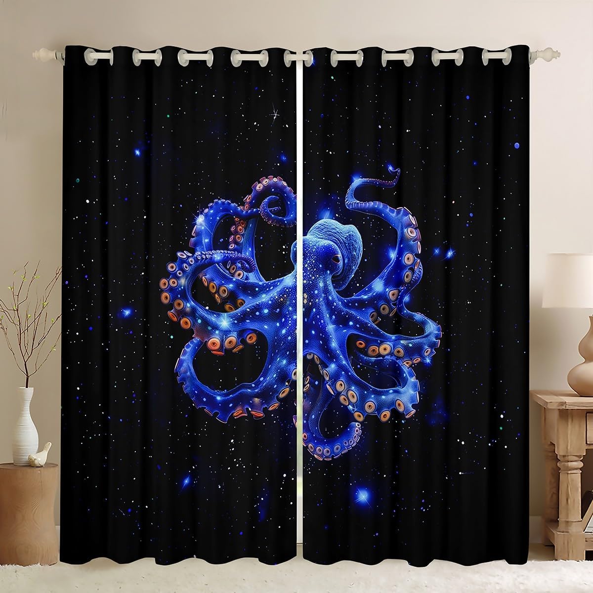 Erosebridal Octopus Window Curtains 2 Panel Sets 38"x45" Navy Blue Marine Life 30%-50% Blackout Curtains Underwater World Ocean Decor Octopus Window Treatments Drapes for Kids Room Decor