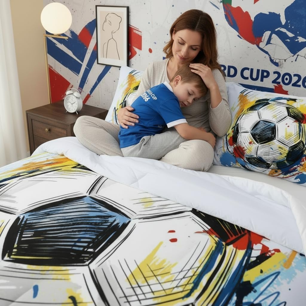 BSNTHO Soccer Comforter Set Boys Sports Bedding Set Twin Size for Kids Teens Hand Drawn Football Graffiti Style Comforter Design 3 Piece with 1 Comforter 2 Pillowcases