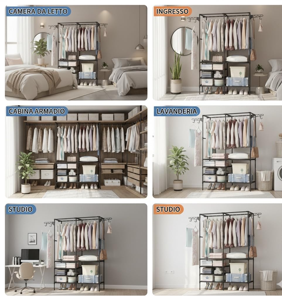 Scaffale Appendiabiti con Struttura in Metallo e Ripiani in Stoffa 108x36x170 cm – Armadio Aperto con Barra per Vestiti, Mensole Portaoggetti e Ganci Laterali – Organizer Salvaspazio per Camera