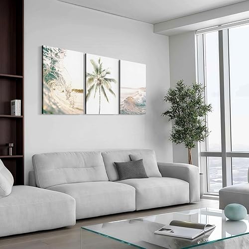 Miniatura 4 de 3 piezas enmarcadas de playa, olas del océano y palmeras, paisaje marino costero, decoración de pared, lienzo impreso, póster para galería,
