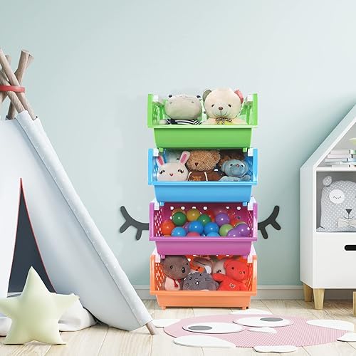 Miniatura 6 de Paquete de 4 cestas de almacenamiento apilables de plástico para cocina, contenedores de almacenamiento frontales abiertos apilables de colores