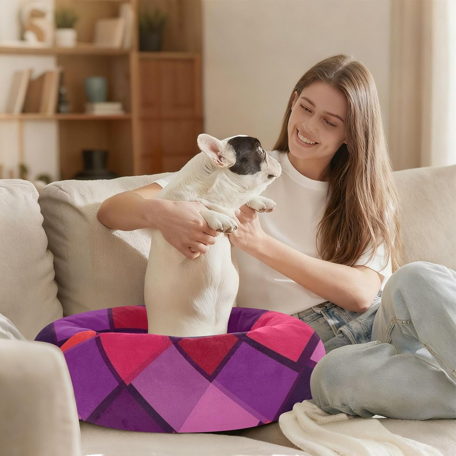 Retro Rhomboid Purple Red Pet Dog Beds Warm & Cozy Cat Pillow Bed for Medium Size Pets Sleeping M