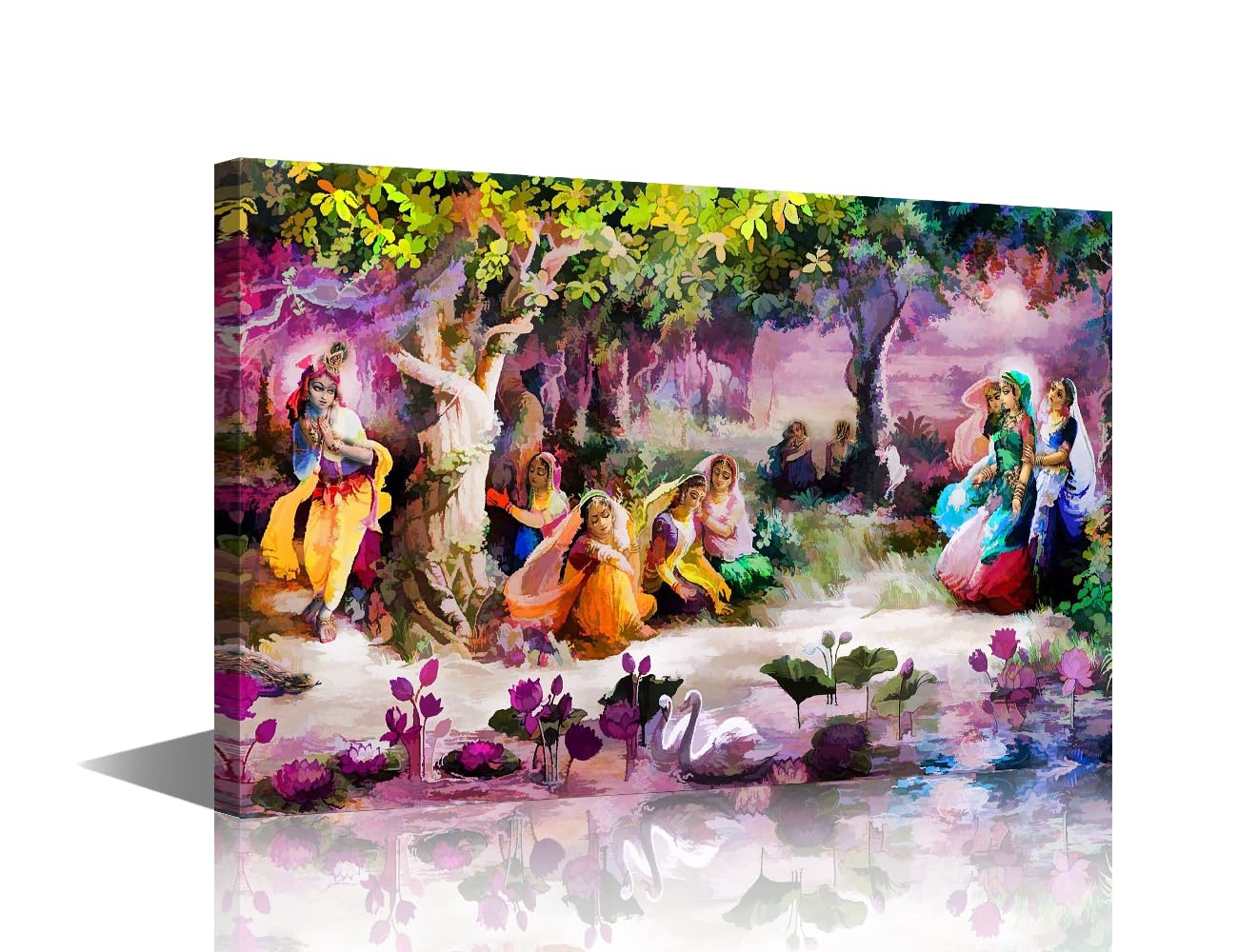 TISHIRON Indian Hindu Gods Painting Radha Krishna Pictures Canvas Retro Wall Art Artwork Home Decorations for Living Room Giclee Framed Gallery-wrapped Posters and Prints Ready to Hang (24" Wx16 H)