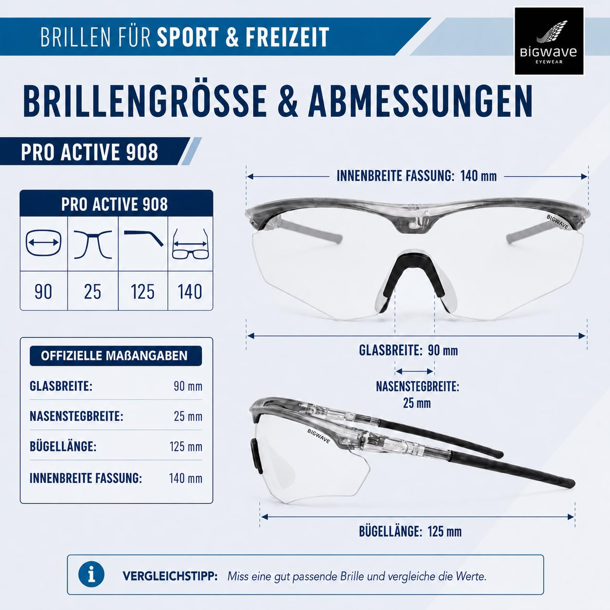BIGWAVE Pro Active 908 Sportbrille – Fahrradbrille & Laufbrille mit bruchsicherem TR90 Grilamid Rahmen, UV400, Anti-Beschlag, 2 mm Sicherheitslinsen, Scheibenwechsel-System, 3 Jahre Ersatzteilgarantie