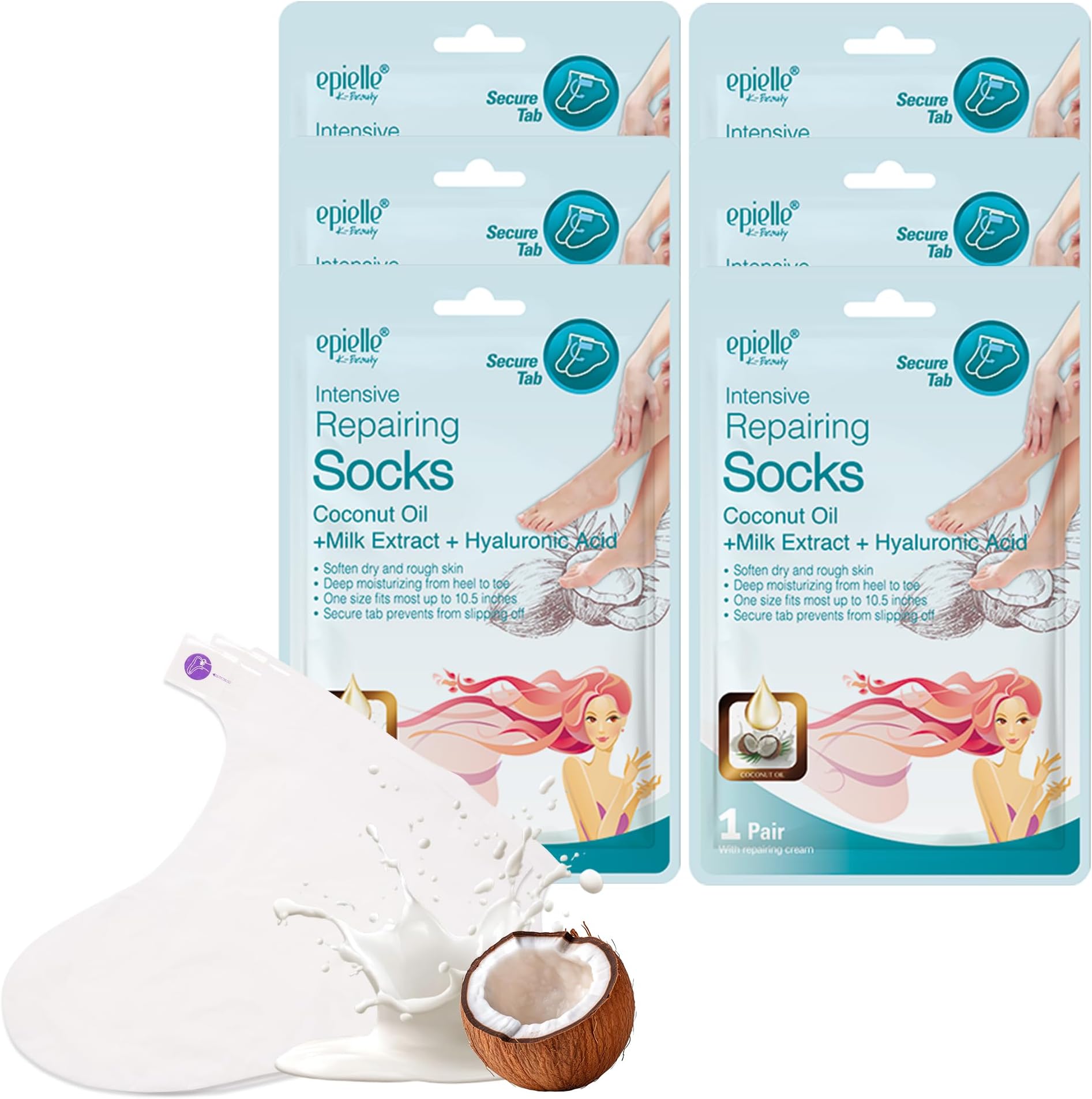 Epielle Intensive Repairing Foot Mask for Dry foot and Cracked heel and callus (Socks-6pk) Foot Spa masks | Coconut Oil + Milk Extract + Hyaluronic Acid