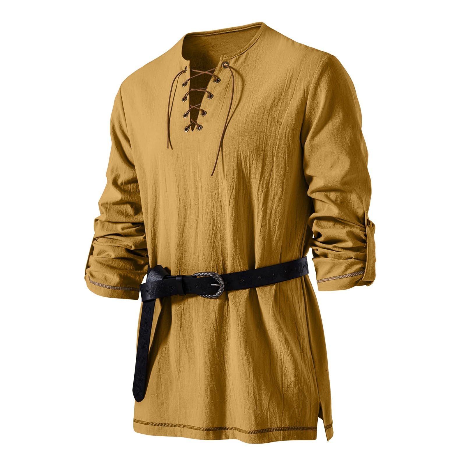 Cocila Men's Medieval Viking Pirate Renaissance Shirt with Belt Halloween Retro Shirts Cotton Linen Drawstring Vintage Cosplay Tops Loose Lace Up Shirts Yellow S — image 1