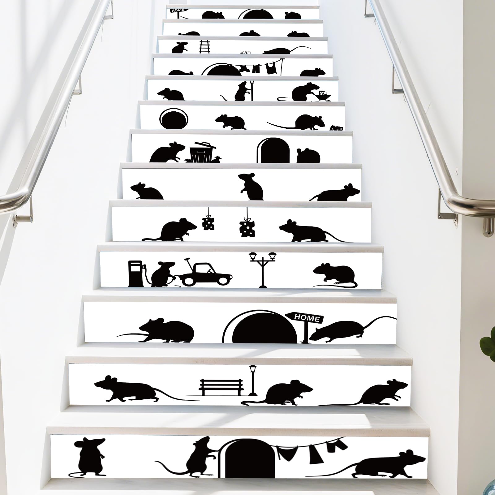 PLIGREAT 15 Strips Black Mouse Hole Stair Riser Decals, Peel and Stick Stair Stickers for Steps 7.1"x39"/18x100cm Self-Adhesive Vinyl Creative Staircase Murals Decor for Home Living Room
