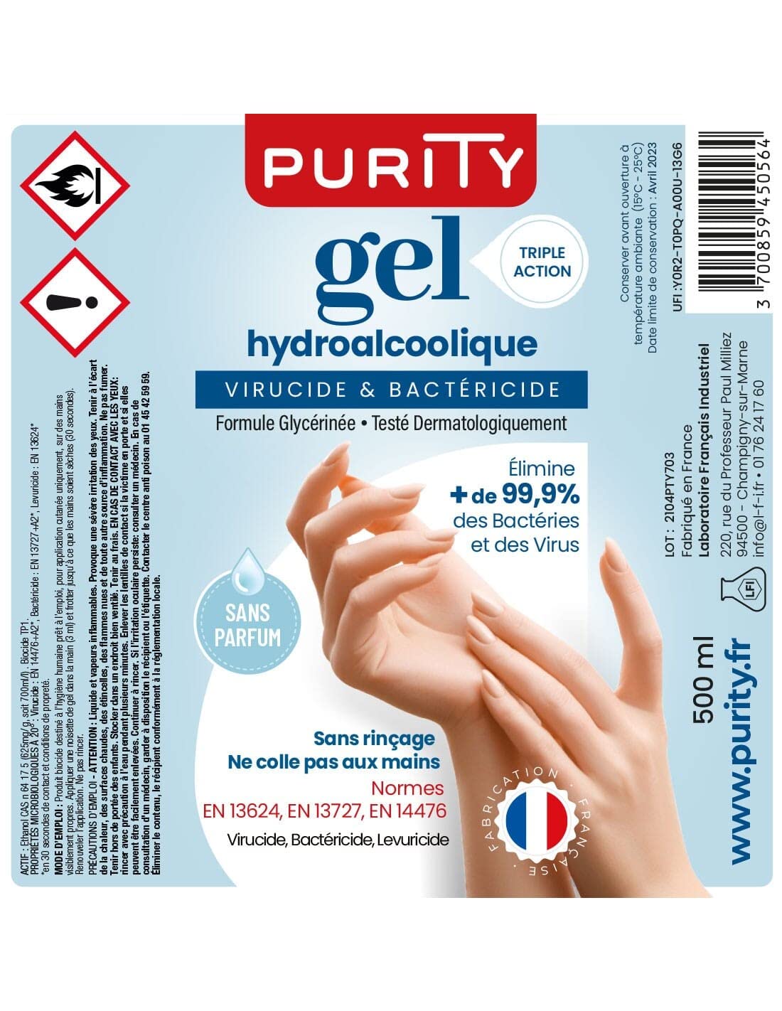 5 Flacons de 500ml - Gel Hydroalcoolique Purity 703 - Parfum FLEUR DE LIN