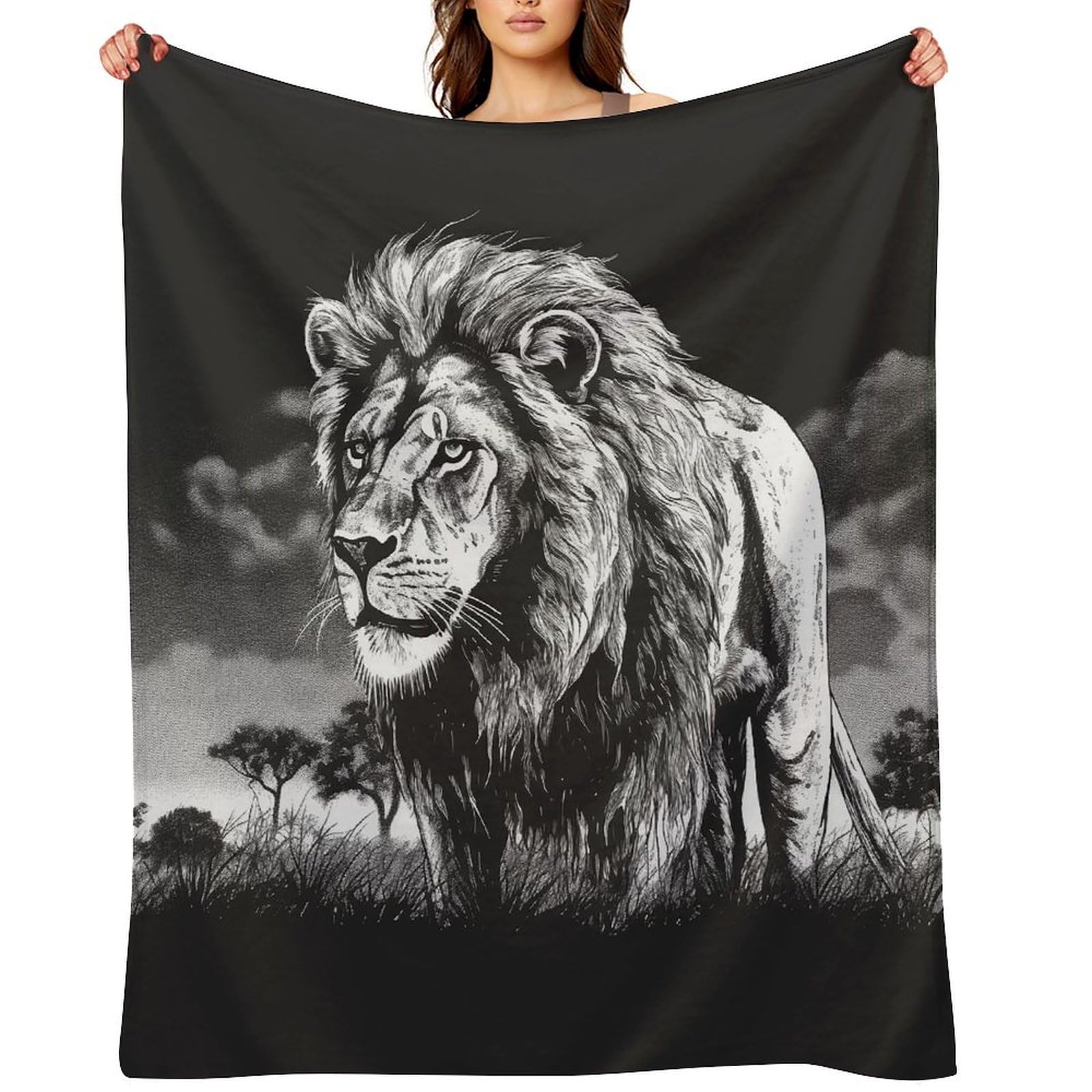Lion Black and White Illustration Throw Blanket for Couch and Bed Super Soft Warm Lightweight Throw Blankets Cozy Fuzzy Flannel Blanket Personalized Decorative Blankets for Sofa Decor 30"x40"