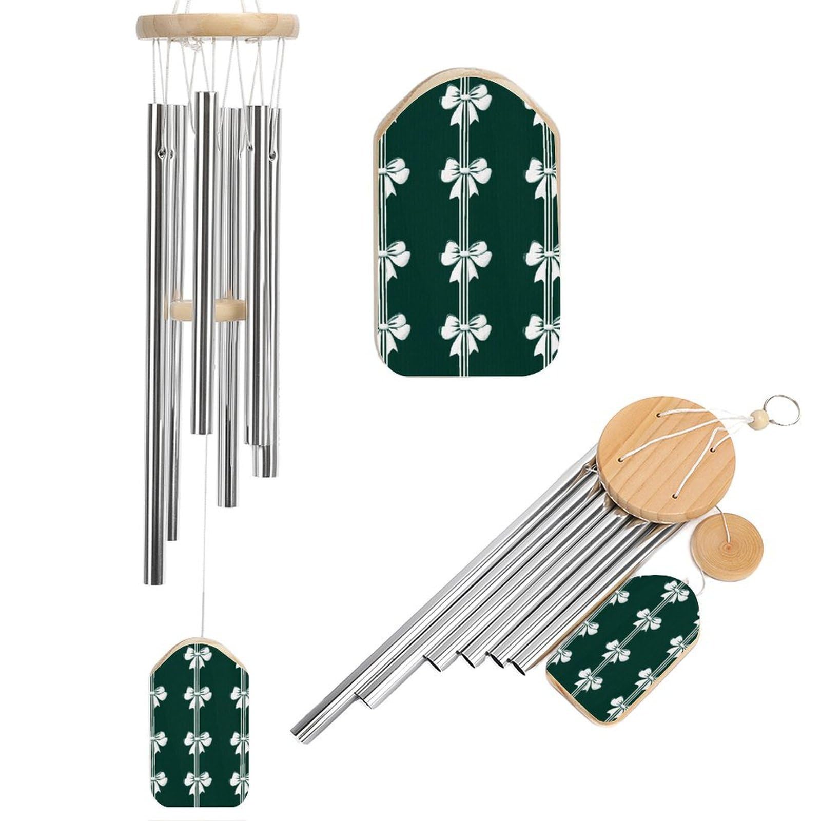 Simple White Bows Vertical Stripes on Dark Green Wind Chimes Memorial Deep Tone Windchime with 6 Aluminum Tubes Outdoor Backyard Garden Decoration