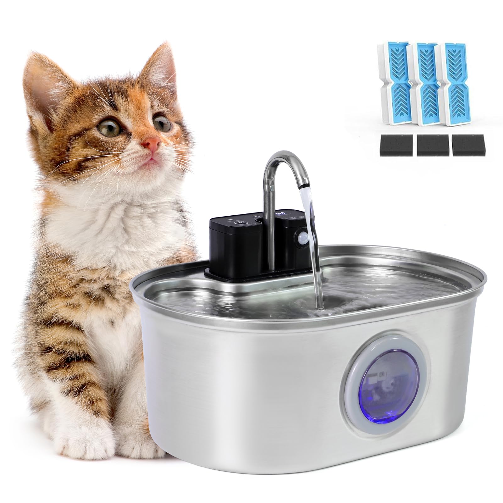 Cat Water Fountain Stainless Steel Wireless,4000mAh 30-Day Battery & Motion Sensor,108oz/3.2L Large Capacity,3-Stage Filtration, Ultra Quiet