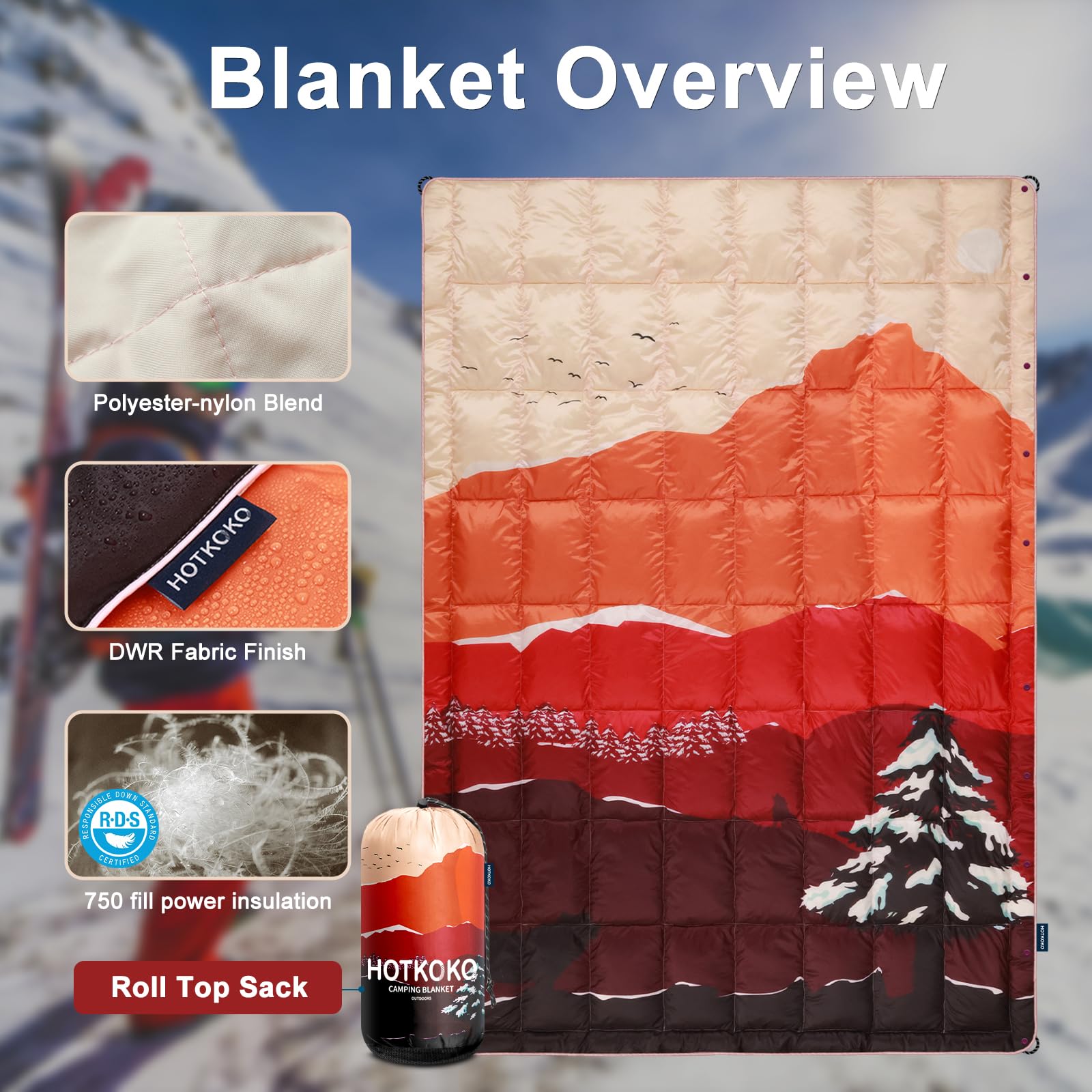 hotkoko Down Camping Blanket,Warm Puffy Lightweight Camp Blanket Outdoor Travel Quilt for Sleep,Stadium, Hiking & Festivals | Water Resistant, Packable & Compact