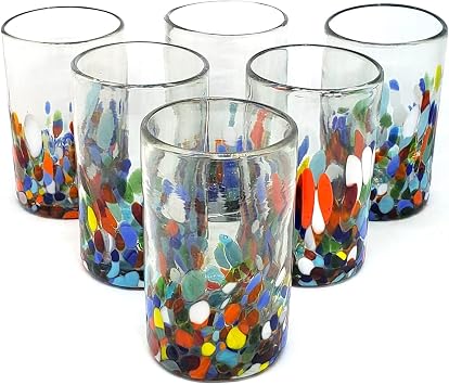 Clear & Confetti 14 oz Drinking Glasses set of 6, Recycled Glass, Lead-free, Toxin-Free Drinking