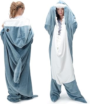 Touchat Shark Blanket Onesie Costume for Adult, Super Soft Cozy Flannel Cartoon Animals Throw Wearable Blanket Hoodie Cosplay Blanket Gifts for Shark LoversBlue, XS