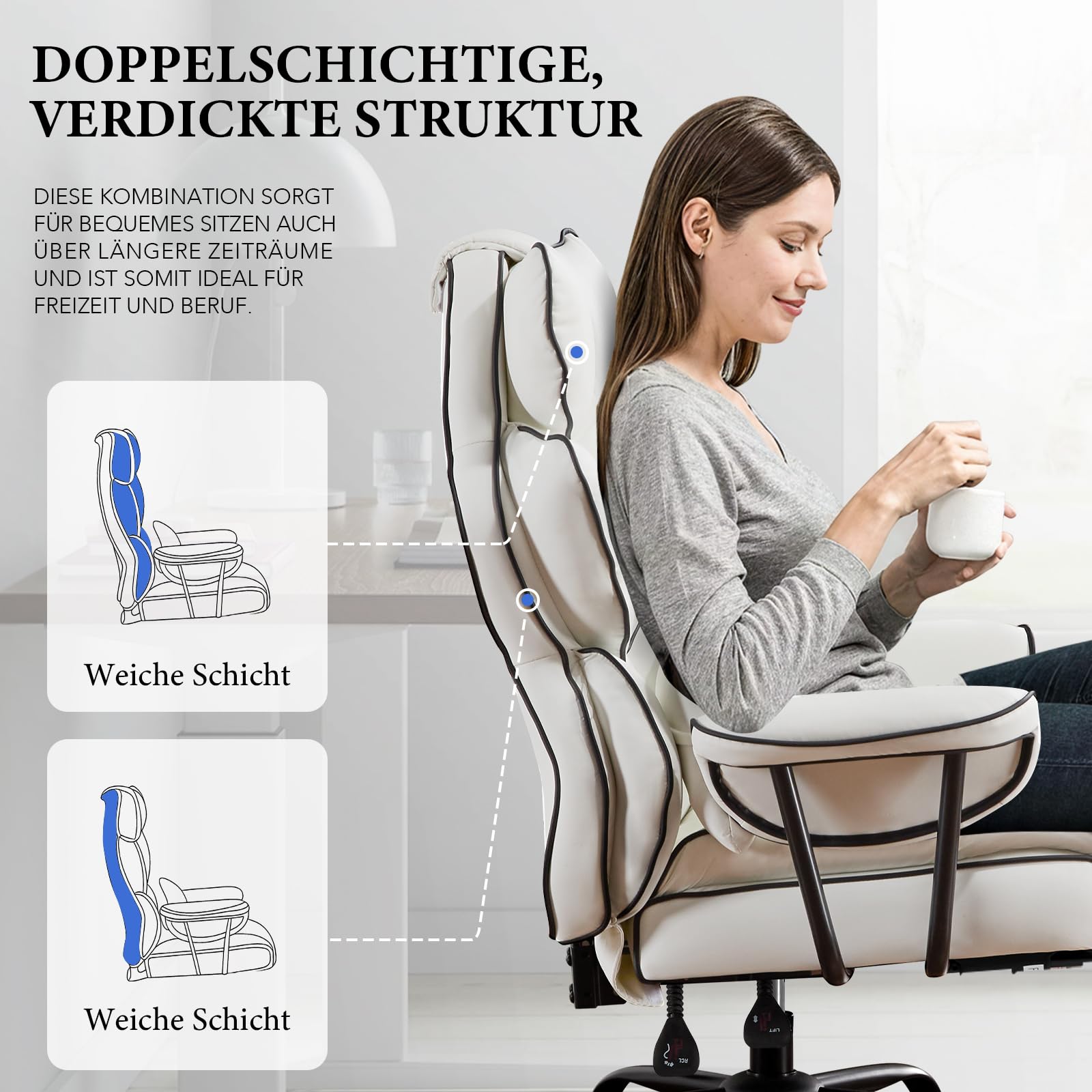 Gaming Stuhl Bürostuhl Ergonomisch, PU Leder Chefsessel, Bürostuhl 200kg mit Fußstütze und Lendenwirbelstütze, Home Office Stuhl Verstellbarer Stuhl mit hoher Rückenlehne, Drehstuhl (Weiß)