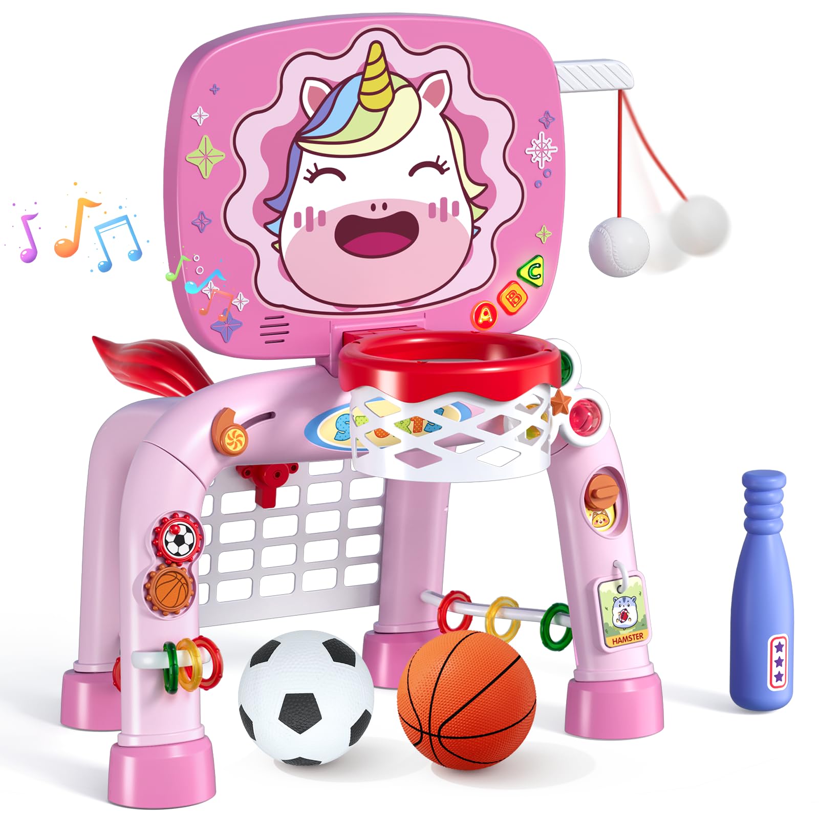 HYES Basketball Hoop for Kids 3 in 1 Football Soccer Goal Baseball, Toddler Sports Activity Center, Montessori Baby Toys 6-12 Months, Indoor Outdoor Birthday Gifts Toys for Boys Girls, Unicorn