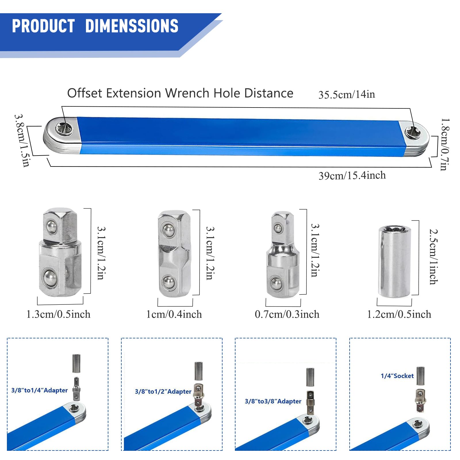 Offset Extension Wrench,Multifunctional Tight Reach Universal Combination Wrenches Set including 1/2 inch, 1/4 inch - Image 2