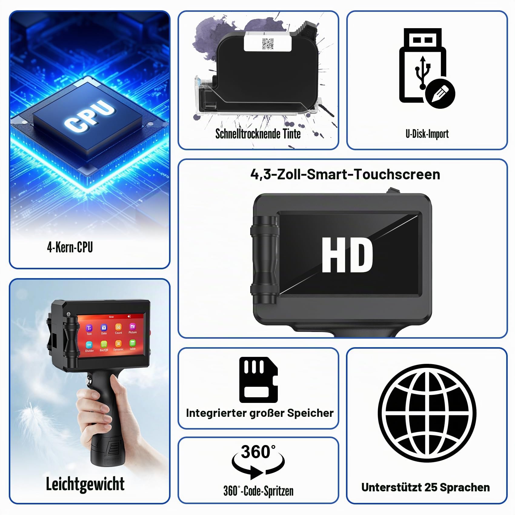 TIJ2510 Tragbarer Handdrucker mit Schnell Trocknender Tintenpatron Hand Tintenstrahldrucker 4,3 Zoll Touchscreen für Text QRCode/Barcode/Chargennummer/Datum/Bild