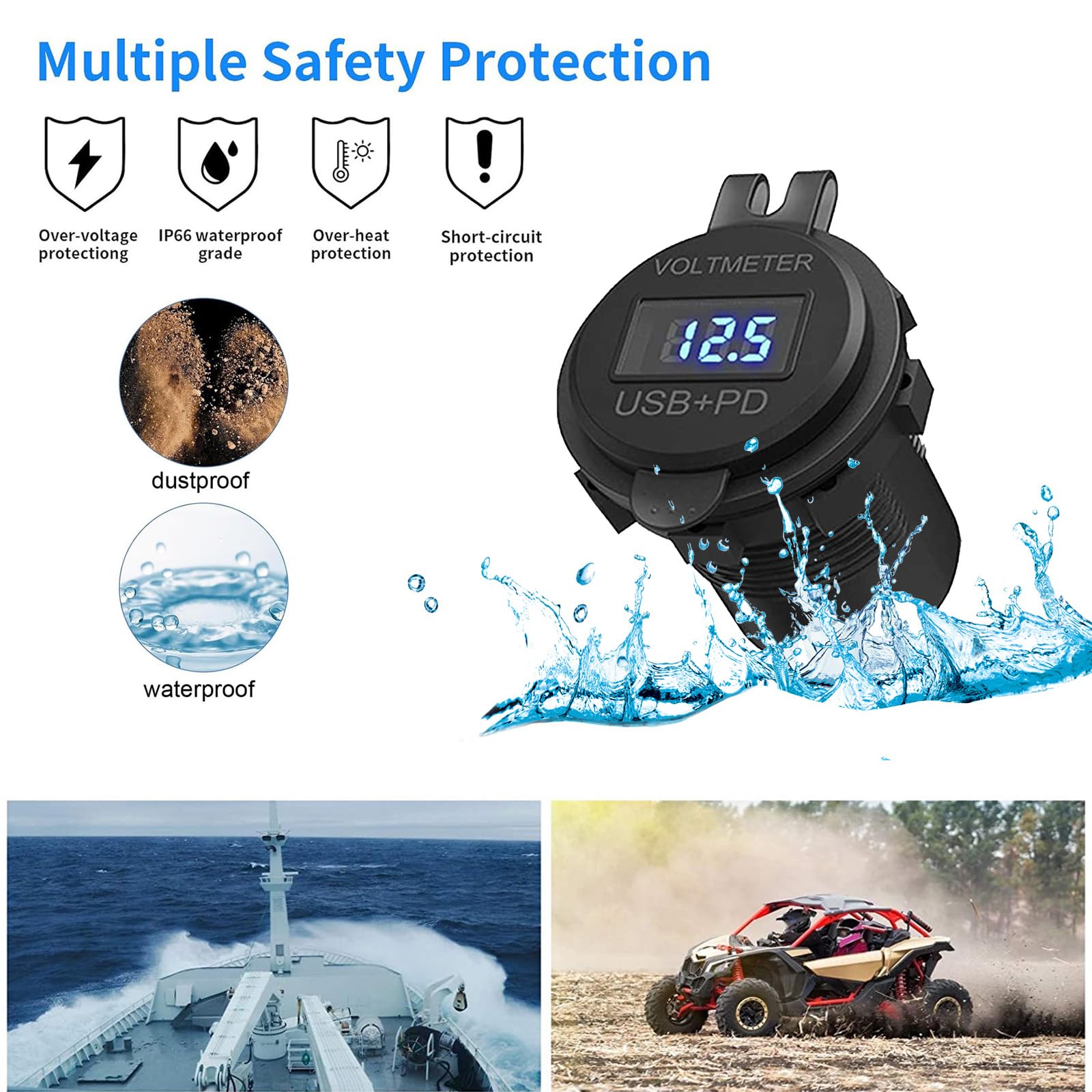 Presa USB 12V, 72W, Caricatore Triplo Porta con Ricarica Rapida Simultanea (2xQC3.0 + PD) e Interruttore On/Off, Presa USB da Incasso per Auto 12-24V, Moto, Camion, Barche, Camper (2 Pezzi)