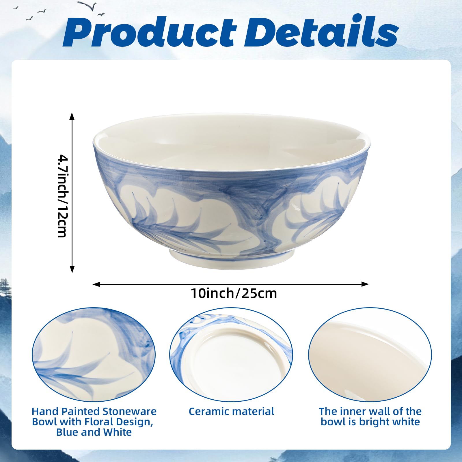 Maxdot Bol en grès peint à la main avec motif floral, bols décoratifs bleus et blancs de 25,4 x 12,7 cm en porcelaine pour salade, céréales, soupe et fruits, décoration d'intérieur