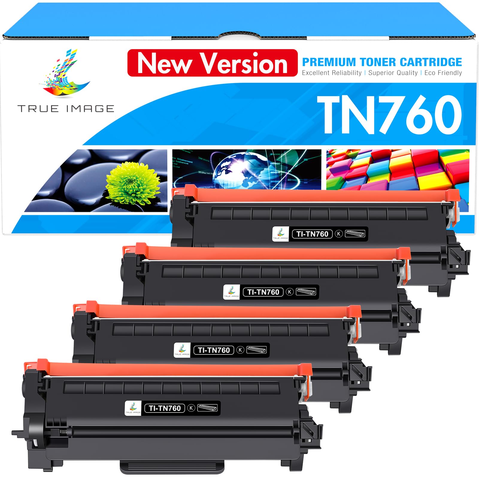 TRUE IMAGE TN760 TN730 Toner for Brother Printer: Compatible for Brother TN 760 730 TN-730/TN-760 High Yield Black for MFC-L2710DW MFC-L2750DW HL-L2350DW DCP-L2550DW HL-L2390DW HL-L2370DW 4-Pack