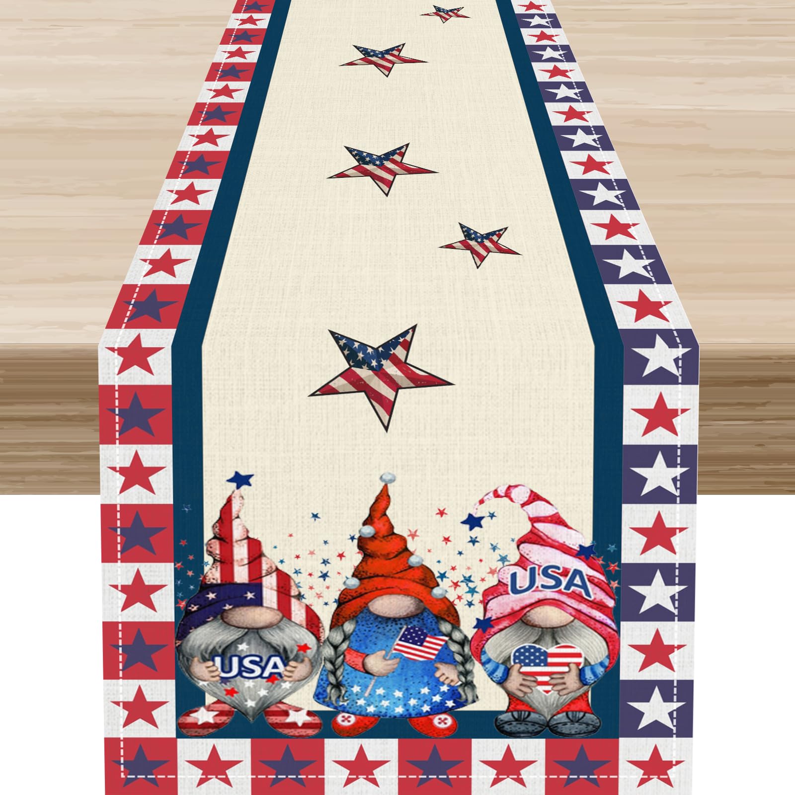 4th of July Table Runner, Gnome Star Stripe Independence Day Patriotic Memorial Day Navy Blue American Table Center Decor for Family Dining Room