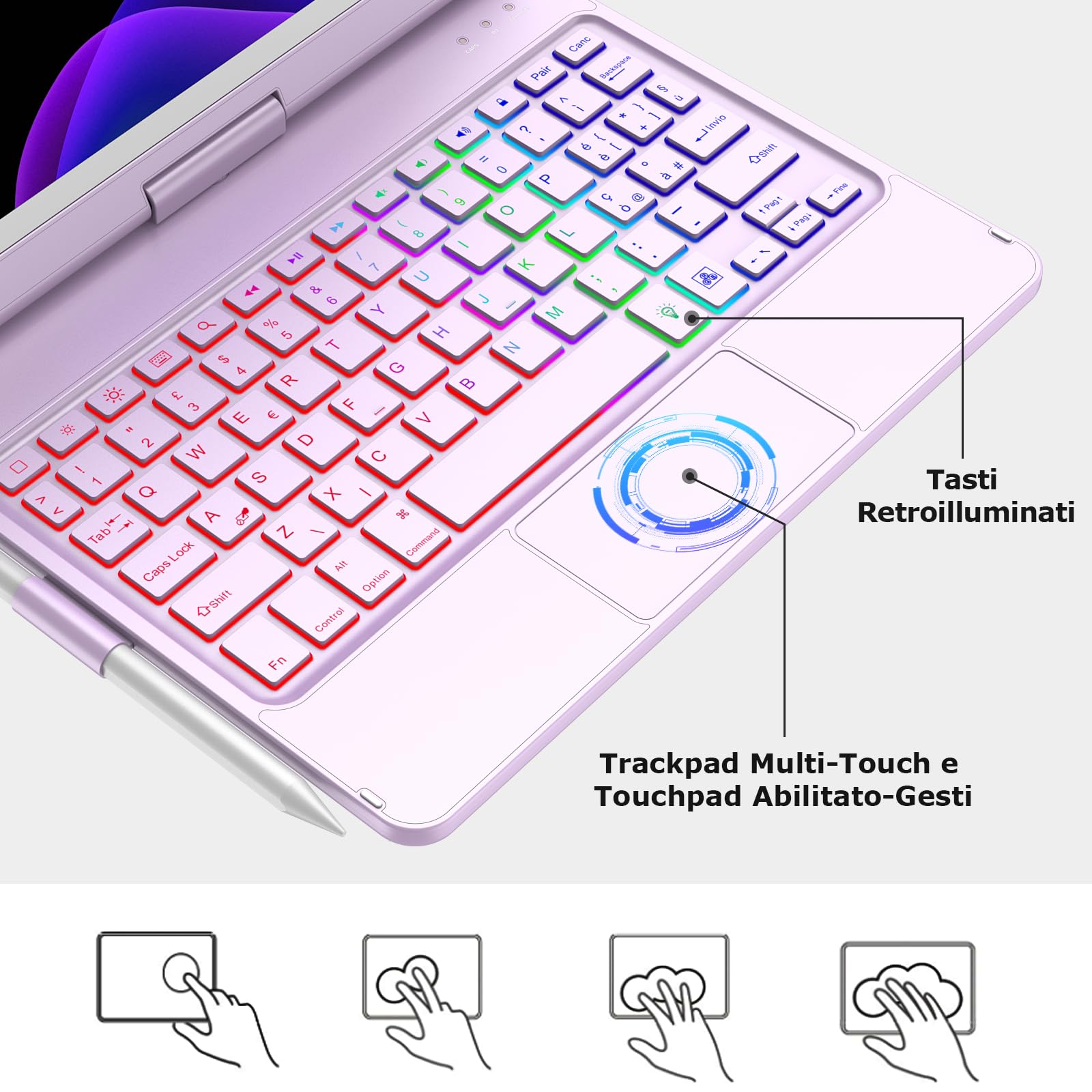 Custodia con Tastiera Touchpad per iPad 9a Gen 10.2" 2021,Tasti Multi-Touch e Retroilluminati,Ruotabile a 360° e Supporto per Matita,Custodia con Tastiera Trackpad per iPad 10.2 iPad 9a/8a/7a