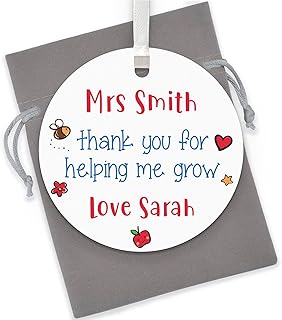 PERSONALISED Thank You For Helping Me Grow Gifts for Teachers - Teacher, Teaching Assistant, Key Worker Thank You Gifts - Teacher Appreciation Gift - Teacher Heart Plaque Gifts - With Grey Bag
