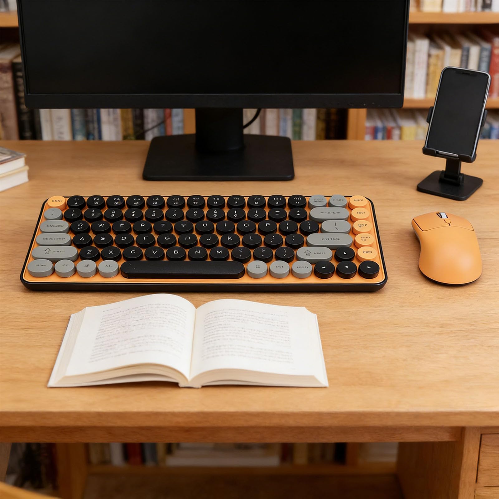 PUSOKEI Combinazione Tastiera e Mouse Wireless, Tastiera da Gioco Meccanica Stile Macchina da Scrivere a 85 Tasti con Copritasti Rotondi, 2,4 GHz e Bluetooth, Design Ergonomico per PC