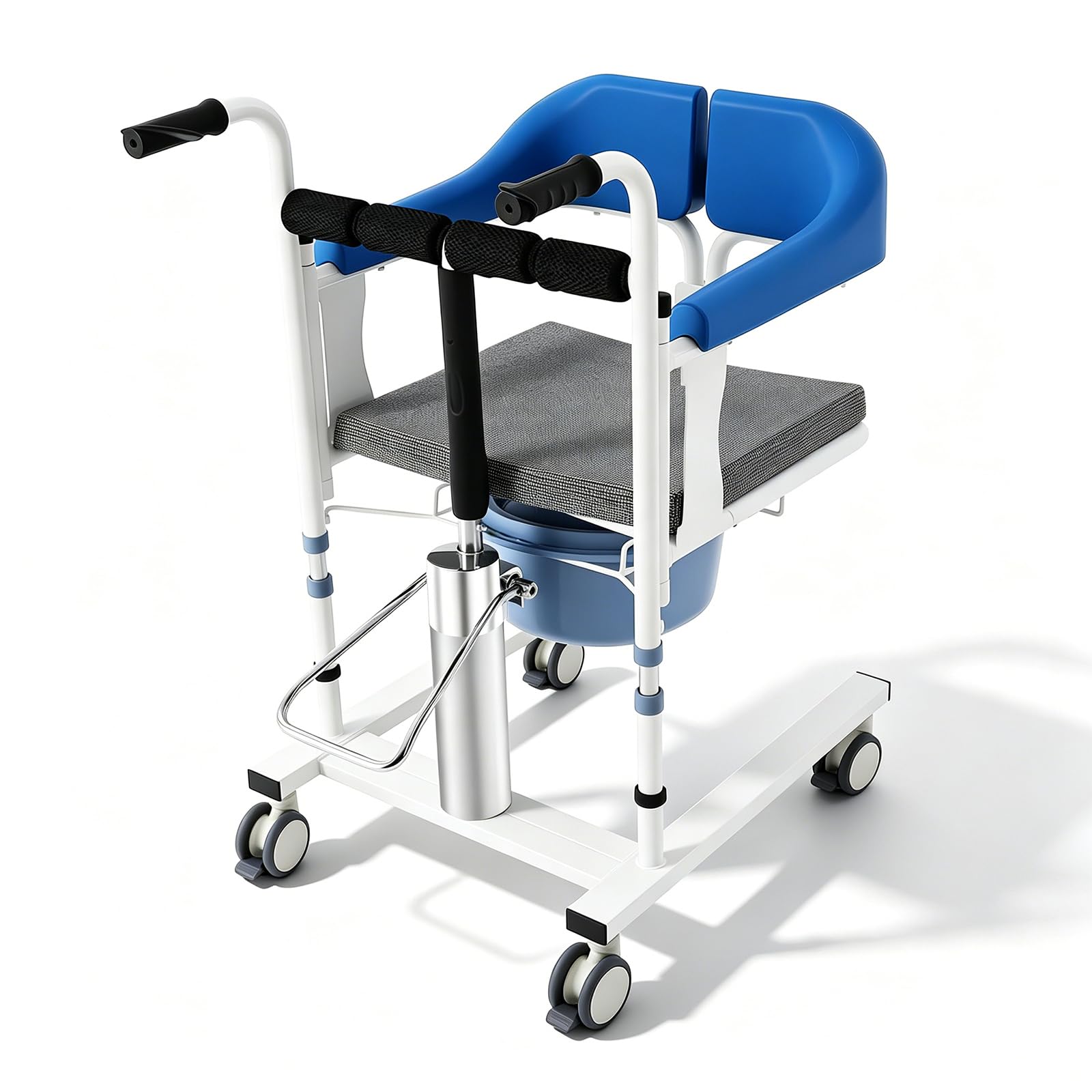 Hydraulischer Patientenlifter Transferstuhl, Multifunktionaler Patientenlift-Transferstuhl mit einstellbarer Sitzhöhe von 42 bis 60 cm, 180° Geteiltem Sitz, für Familien, Pflegeheime (Blau)