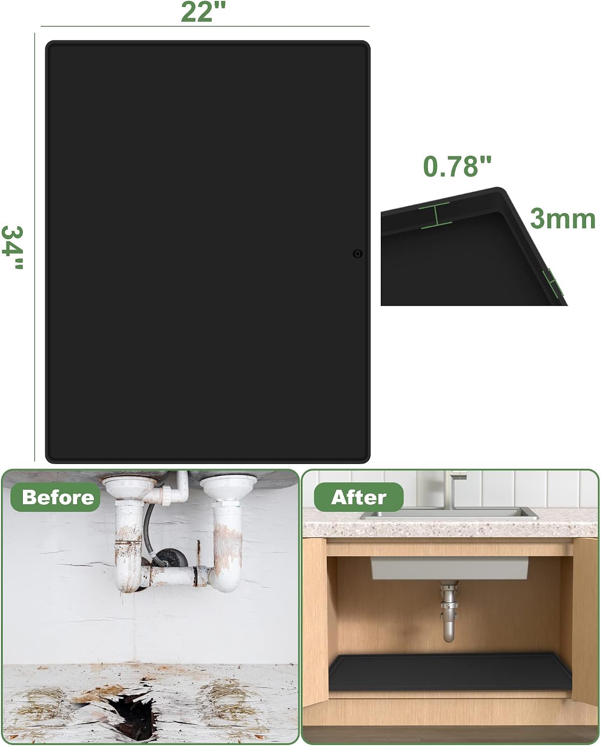 Under Sink Mat Waterproof 28"x22" Kitchen Cabinet Mat - Silicone Under Sink Liner Drip Tray with Drain Hole for The Kitchen, Bath, and Laundry Cabinets