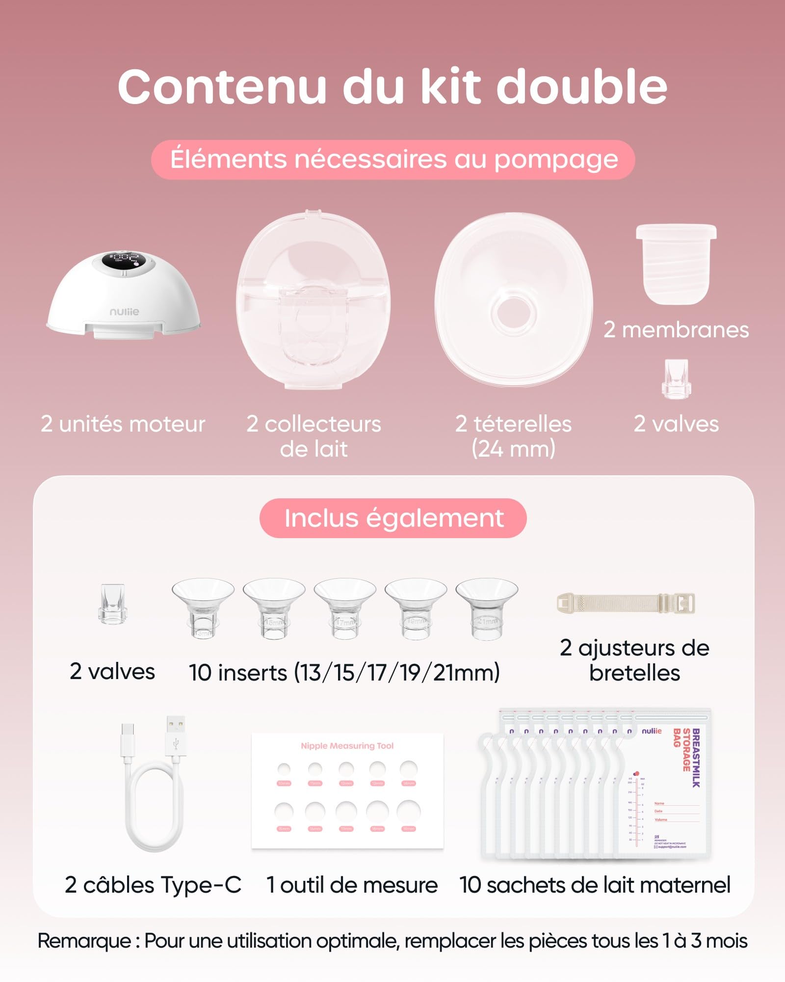 Nuliie Tire Lait Electrique Main Libre, Tire Lait Main Libre avec 4 Modes, 9 Niveaux, Fonction Mémoire, Extracteur de Lait Rechargeable avec Affichage LED, Poids léger - 24mm (2 Paquets, Blanc)